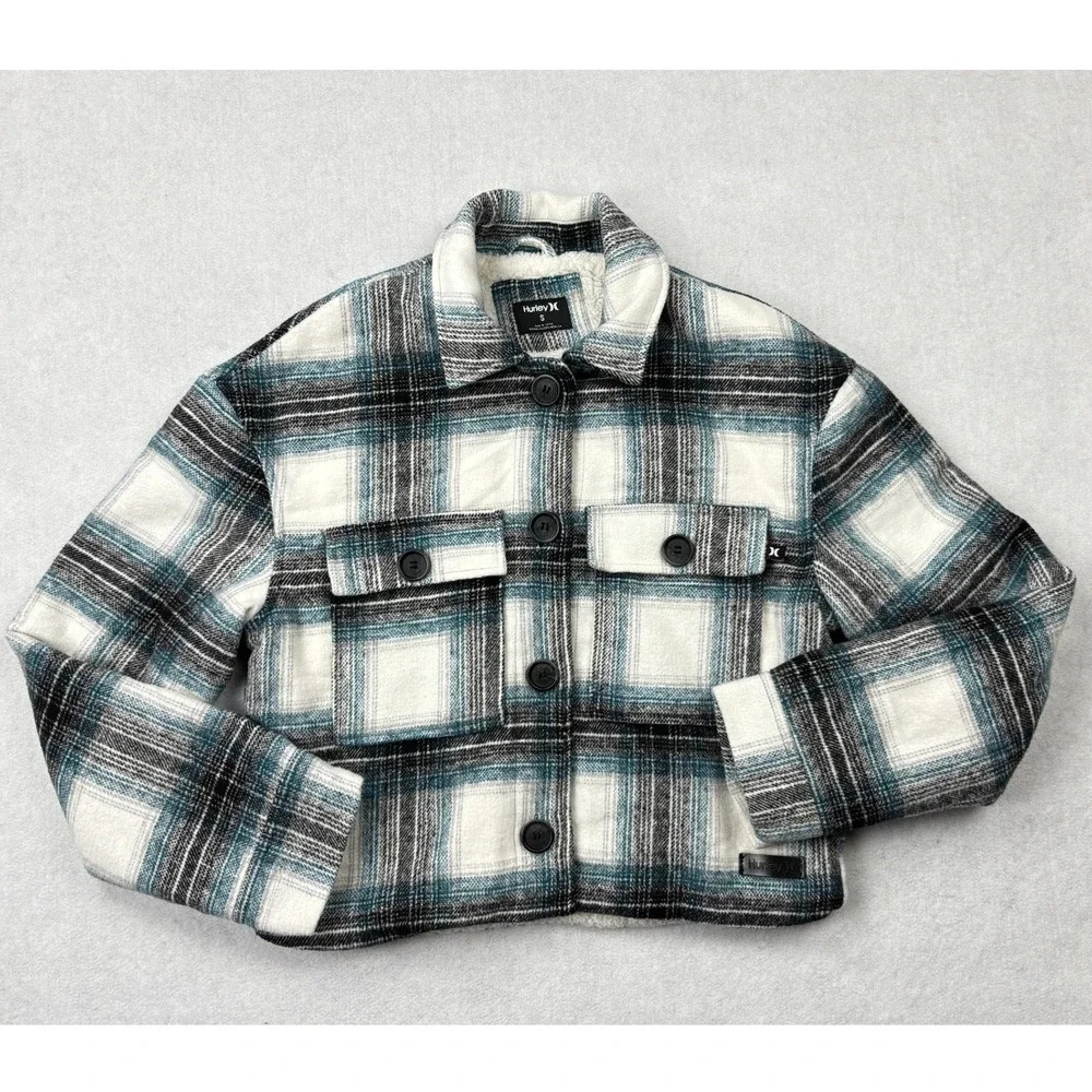 Hurley‎ Plaid Shacket Womens Small Teal Black White Sherpa Lined Cropped Jacket